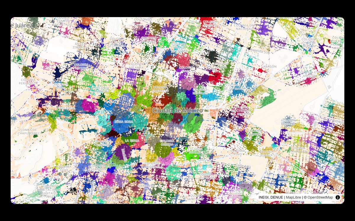 Mapa del centro de la Ciudad de México con las unidades económicas coloreadas por cluster.