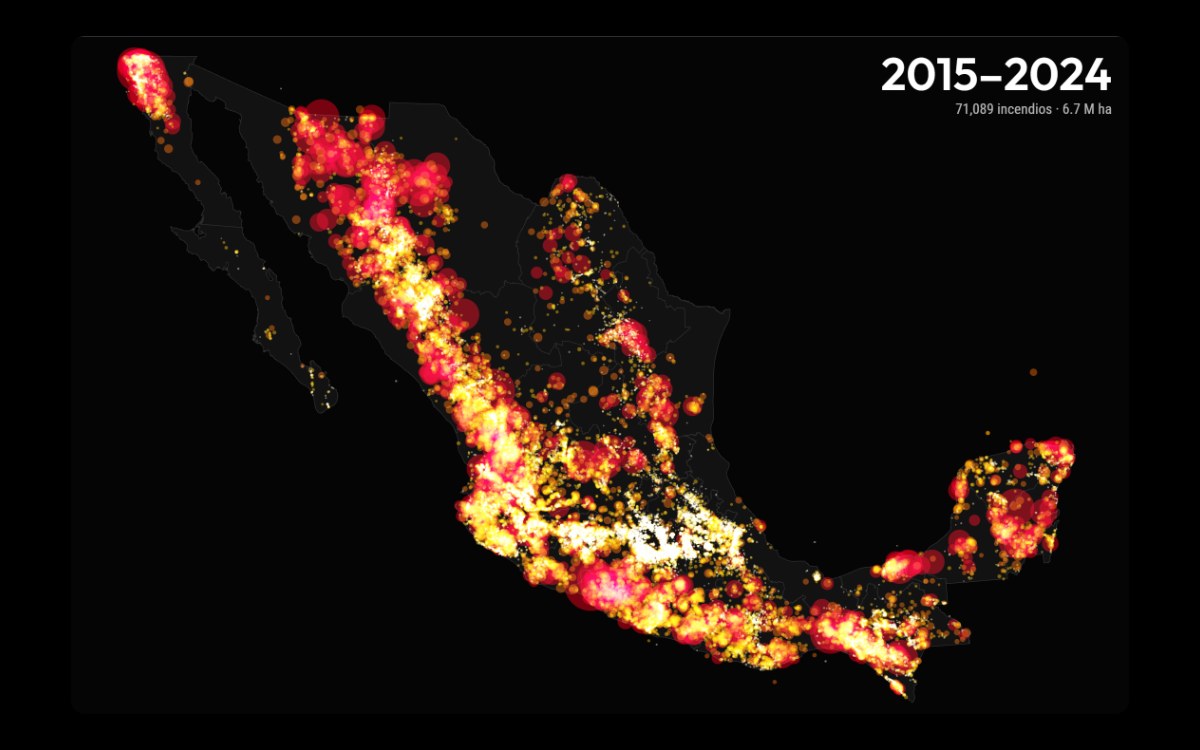 Mapa de México con los incendios forestales de 2015 a 2024.