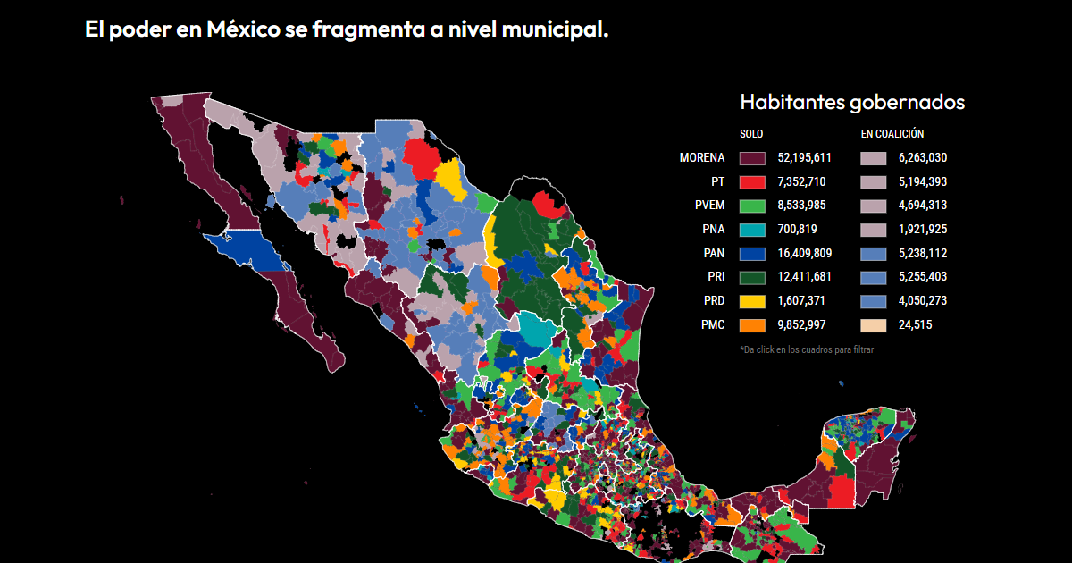 Mapa de México con los municipios coloreados por partido gobernante.